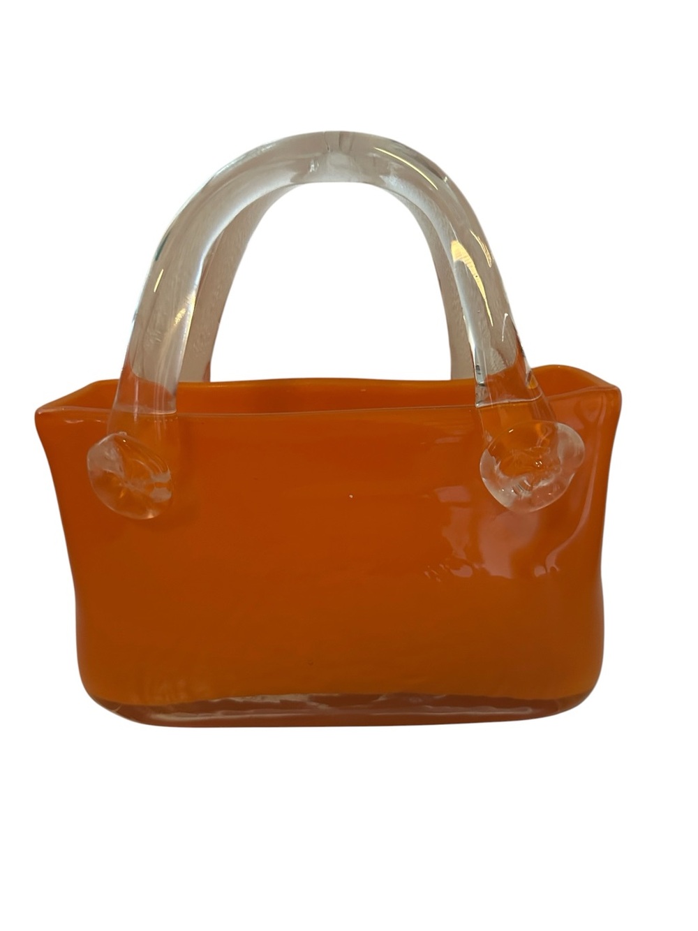 Orange Art Glass Purse Shaped Vase With Clear Handles